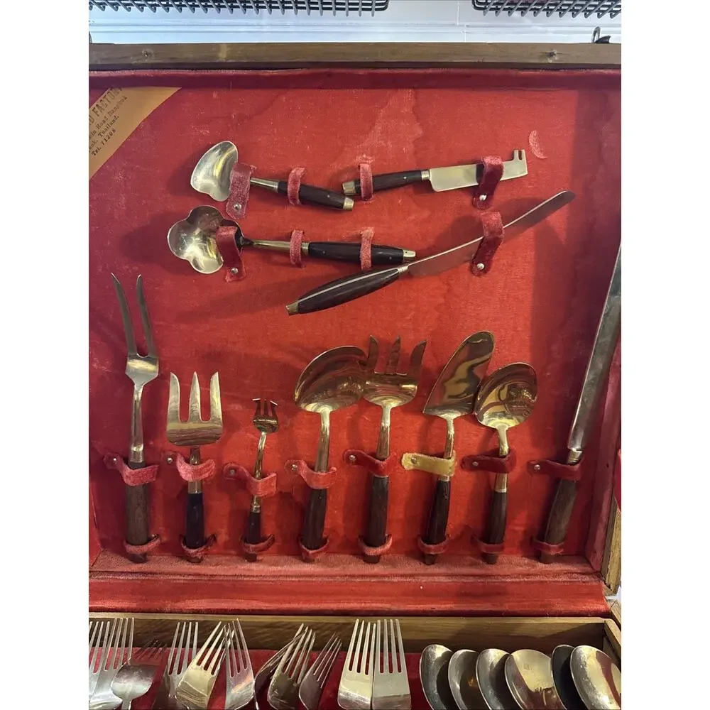Vintage Thai Brass and Rosewood Flatware Set In Box - Svc for Twelve 142 PC READ